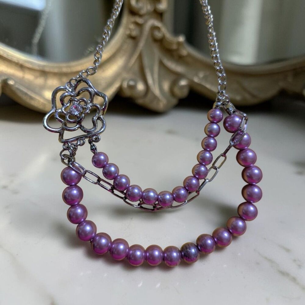Silver Tone Pink Faux Pearl Layered Flower Statement Necklace, Floral Pendant - Picture 3 of 6